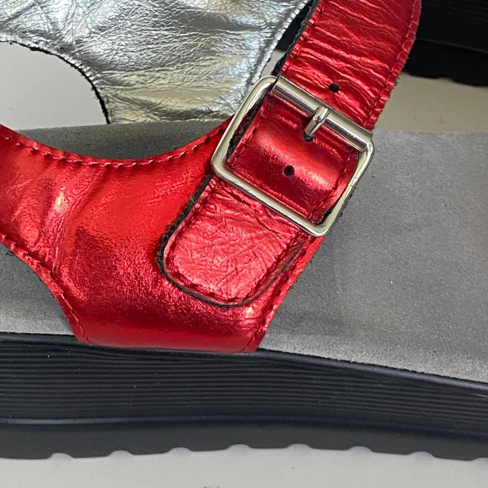 Alegria Morena Red Metallic Leather Platform Wedge Sandals MOR-257 Womens 41